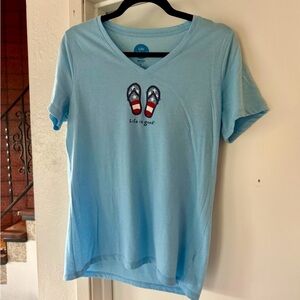 Life is Good Light Blue Patriotic Flip Flops Short Sleeve T-Shirt Women's sz Med